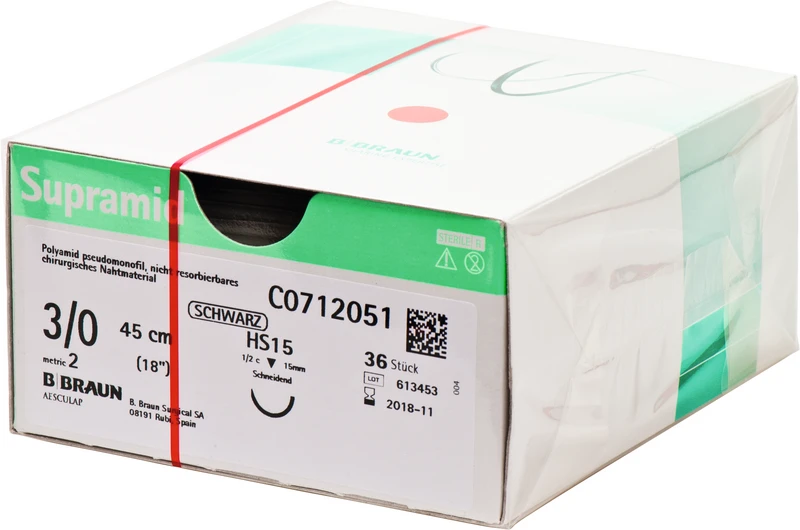 Supramid  Packung  36 Stück schwarz, 45 cm, HS15, 1\2 Kreis, schneidend, 15 mm, USP 3\0