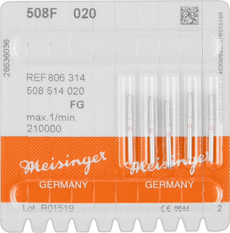 Diamanten 508  Packung  5 Stück rot fein, FG, Fig. 508 kon. Hohlkehle m. Führungssp., 7,5 mm, ISO 020