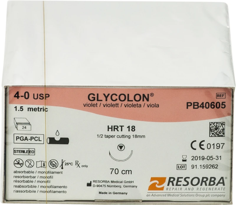 Glycolon® Monofil  Packung  24 Stück violett, 70 cm, HRT18, 1\2 Kreis, schneidender Rundkörper (Diamant-Spitze), 18 mm, USP 4\0
