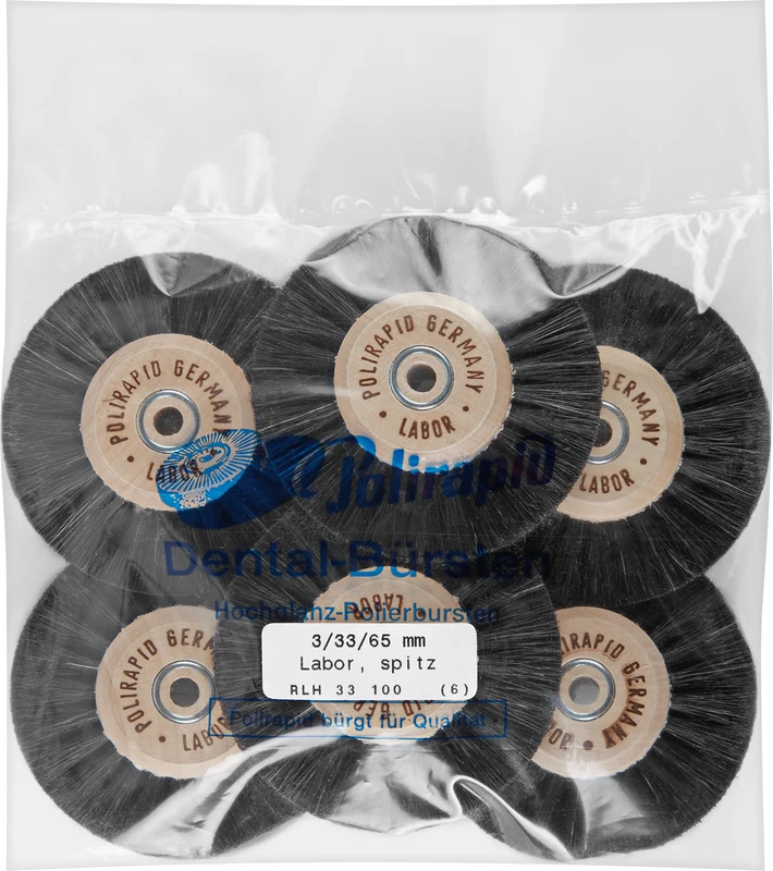 Labor Rundbürsten  Packung  6 Stück mit HK, 3-reihig, Chungking schwarz, spitz, Kern: Ø 33 mm, Außen: Ø 65 mm