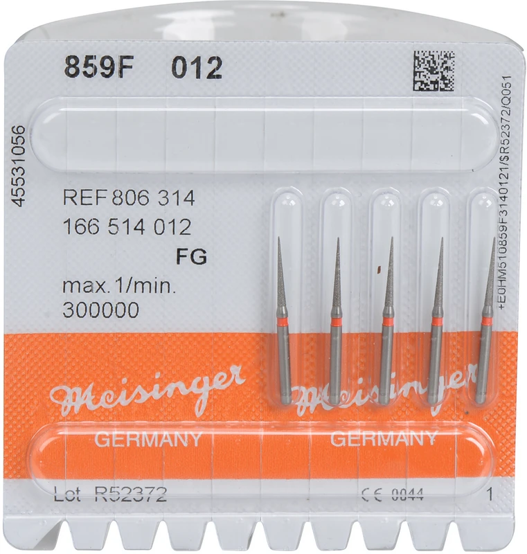 Diamanten 859  Packung  5 Stück rot fein, FG, Figur 166 kon. spitz, 10 mm, ISO 012