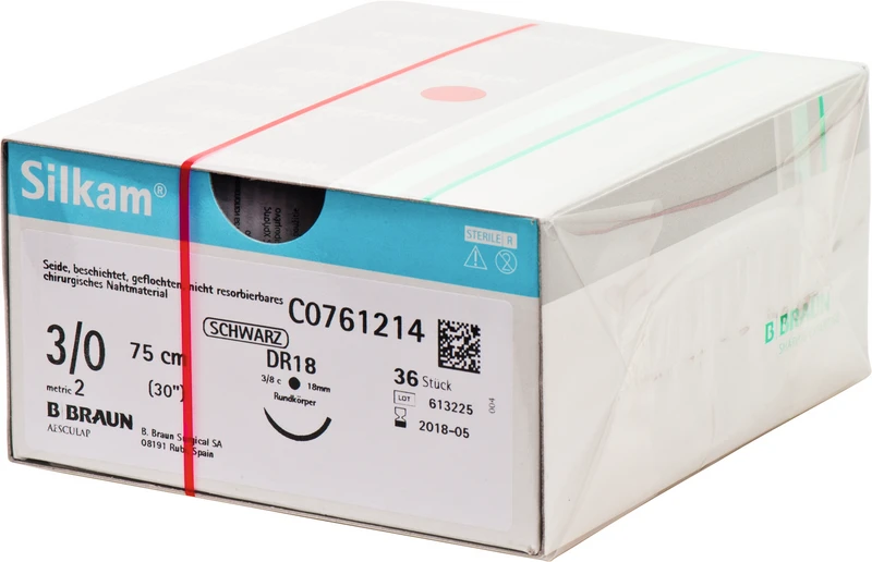 Silkam®  Packung  36 Stück schwarz, 75 cm, DR18, 3\8 Kreis, Rundkörper, 18 mm, USP 3\0