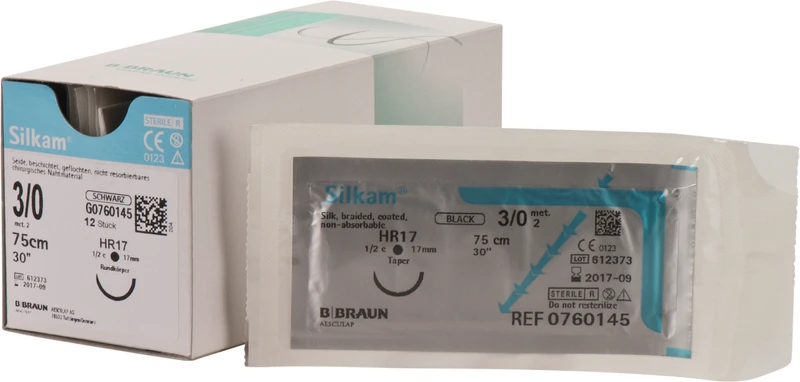 Silkam®  Packung  12 Stück schwarz, 75 cm, HR17, 1\2 Kreis, Rundkörper, 17 mm, USP 3\0