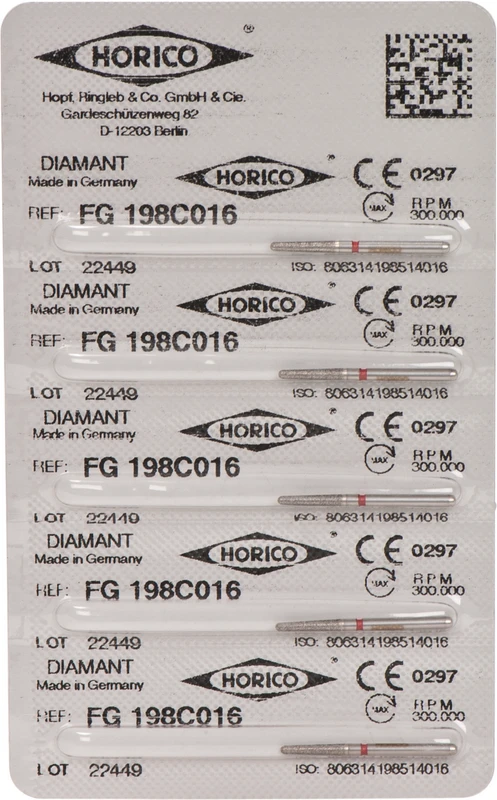 Diamantschleifer 198  Packung  5 Stück rot fein, FG, Figur 198, 8 mm, ISO 016