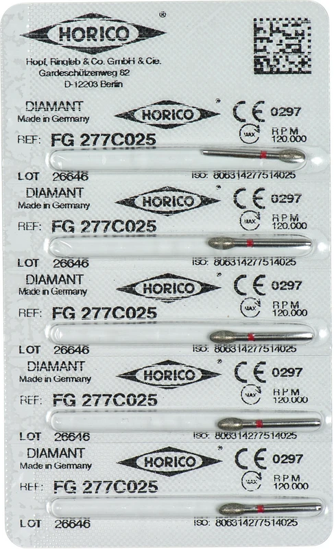 Diamantschleifer 277  Packung  5 Stück rot fein, FG, Figur 277, 4,5 mm, ISO 025