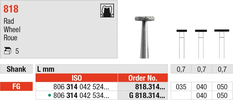 Diamanten 818  Packung  5 Stück Standard, FG, Figur 042 Rad, 0,7 mm, ISO 035