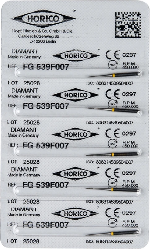Diamantschleifer 539  Packung  5 Stück gelb x-fein, FG, Figur 539, 3 mm, ISO 007