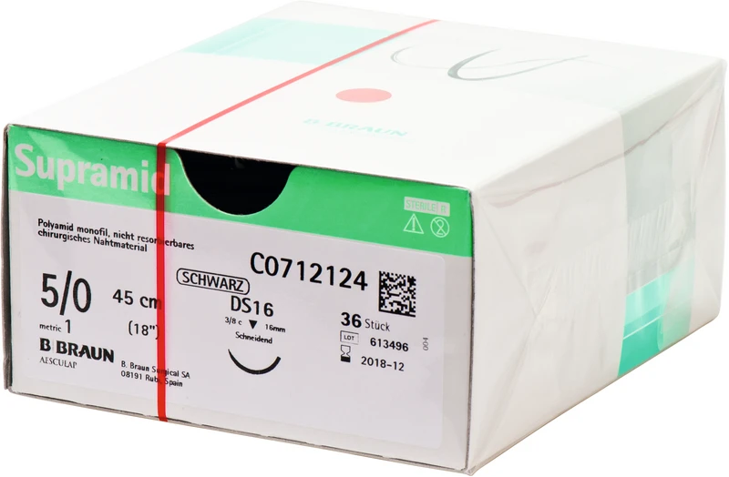 Supramid  Packung  36 Stück schwarz, 45 cm, DS16, 3\8 Kreis, schneidend, 16 mm, USP 5\0