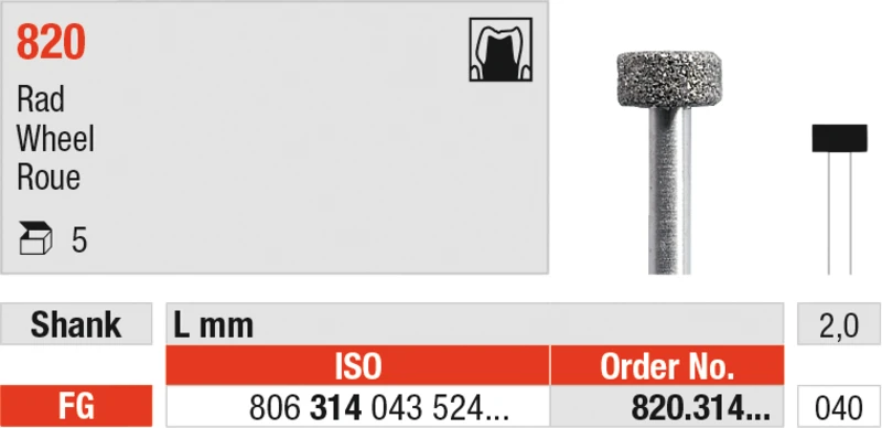 Diamanten 820  Packung  5 Stück Standard, FG, Figur 043 Rad, 2 mm, ISO 040