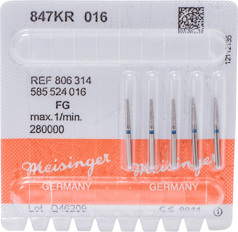 Diamanten 847  Packung  5 Stück blau mittel, FG, Figur 585 Konus Kante abgerundet, 8 mm, ISO 016