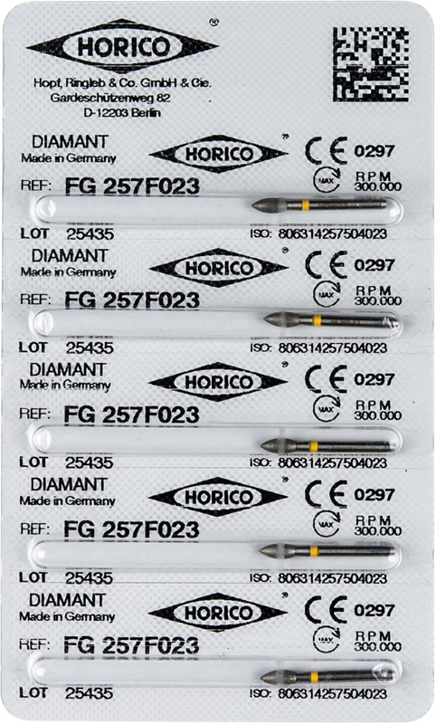 Diamantschleifer 257  Packung  5 Stück gelb x-fein, FG, Figur 257, 5 mm, ISO 023