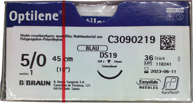 Optilene®  Packung  36 Stück blau, 45 cm, DS19, 3\8 Kreis, schneidend, 19 mm, USP 5\0
