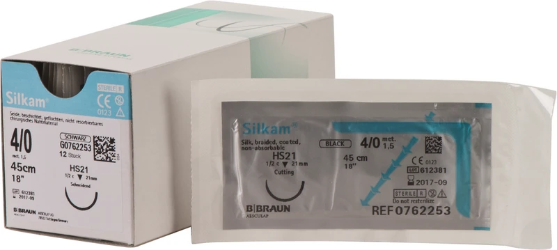 Silkam®  Packung  12 Stück schwarz, 45 cm, HS21, 1\2 Kreis, schneidend, 21 mm, USP 4\0