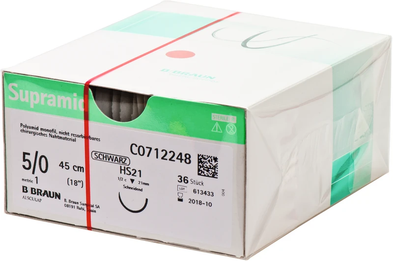 Supramid  Packung  12 Stück schwarz, 45 cm, HS21, 1\2 Kreis, schneidend, 21 mm, USP 5\0