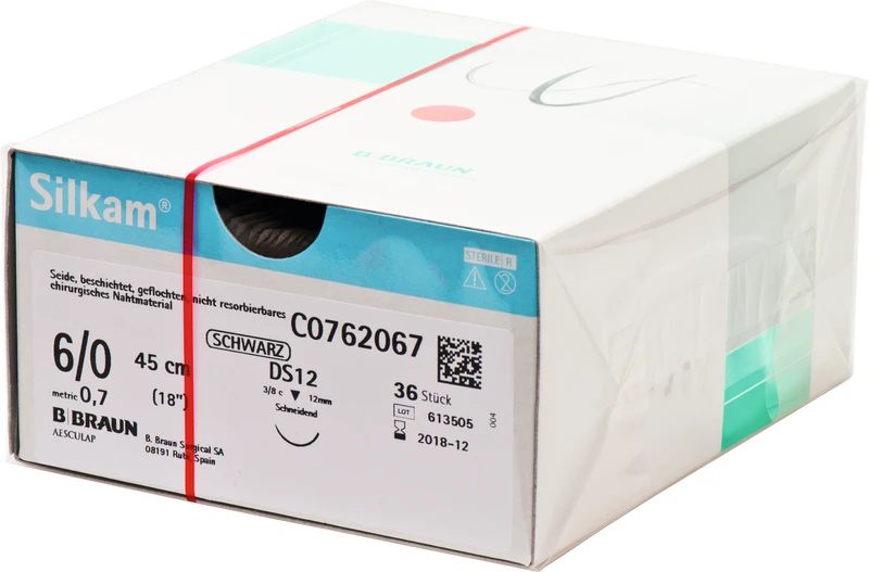Silkam®  Packung  36 Stück schwarz, 45 cm, DS12, 3\8 Kreis, schneidend, 12 mm, USP 6\0