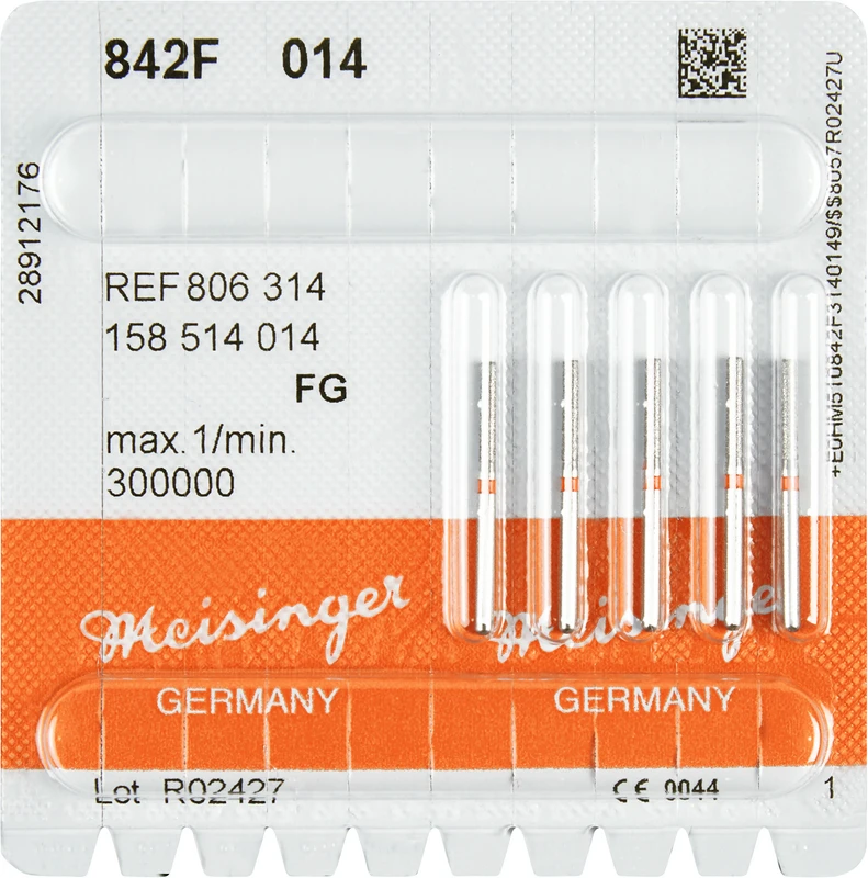 Diamanten 842  Packung  5 Stück rot fein, FG, Figur 158 Zylinder abgerundet, 8 mm, ISO 014