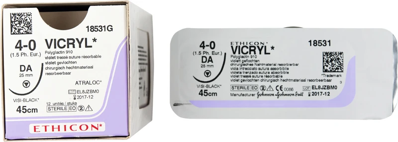 VICRYL  Packung  12 Stück violett, 45 cm, DA VB, Asymptotisch, Rundkörper, schneidend, 26 mm USP 4\0