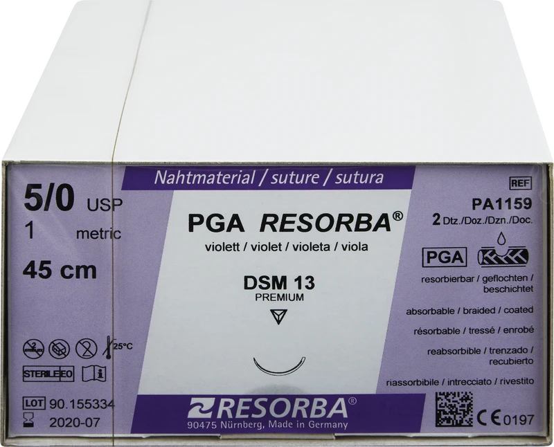 RESORBA® PGA  Packung  24 Stück violett, 45 cm, DSM13, 3\8 Kreis, außen schneidend, Premium-Schliff, 13 mm, USP 5\0