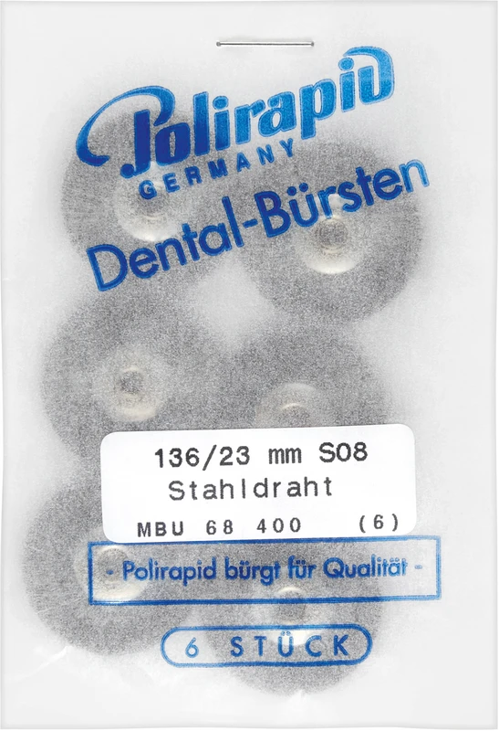 Miniaturbürsten Draht  Packung  6 Stück unmontiert, Stahldraht, Ø 23 mm, Draht: 0,08 mm