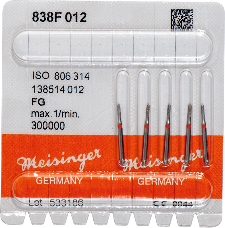 Diamanten 838  Packung  5 Stück rot fein, FG, Figur 140 Zylinder lang, 7 mm, ISO 012