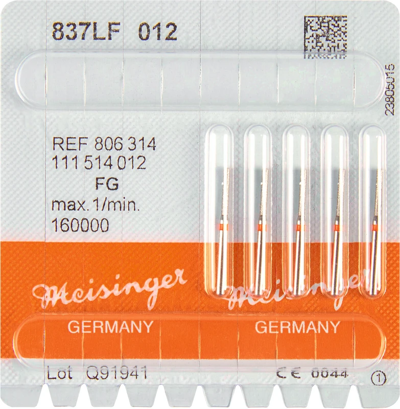 Diamanten 837  Packung  5 Stück rot fein, FG, Figur 111 Zylinder lang, 6 mm, ISO 012