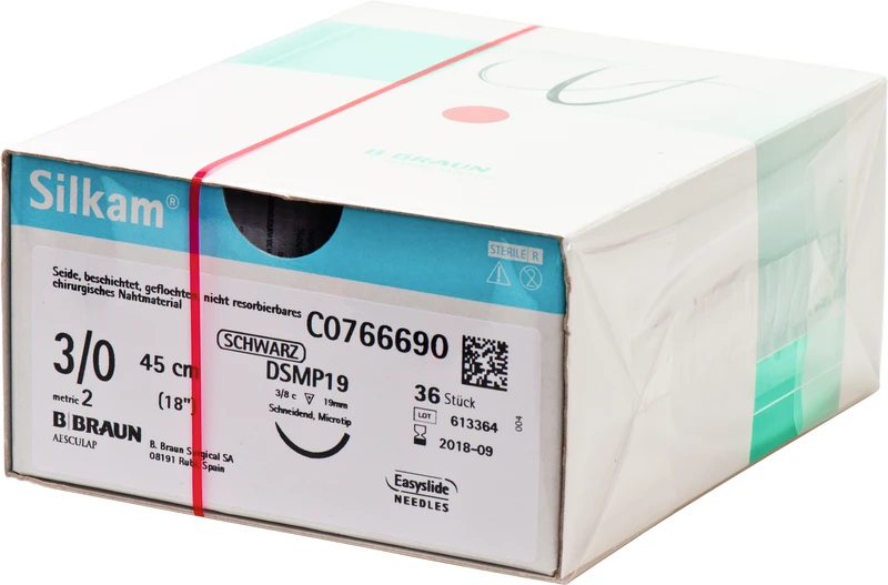 Silkam®  Packung  36 Stück schwarz, 45 cm, DSMP19, 3\8 Kreis, schneidend, Mikropräzision, 19 mm, USP 3\0