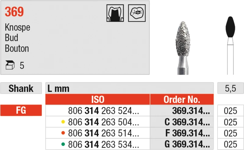 Diamanten 369  Packung  5 Stück rot fein, FG, Figur 263 Knospe, 5,5 mm, ISO 025