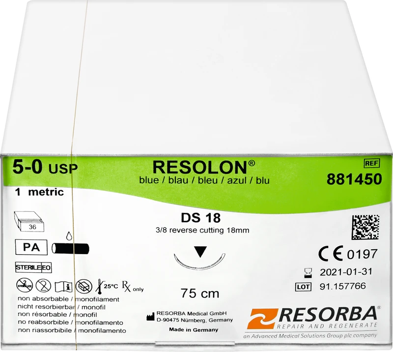 RESOLON®  Packung  36 Stück blau, 75 cm, DS18, 3\8 Kreis, außen schneidend, 18 mm, USP 5\0