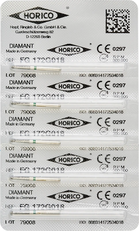 Diamantschleifer 172  Packung  5 Stück grün grob, FG, Figur 172, 8 mm, ISO 018