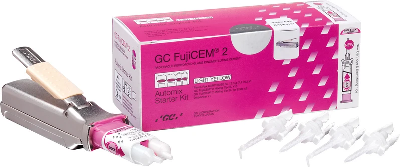 GC FujiCEM® 2 SL  Kennlernset  7,2 ml Kartusche SL, 15 FujiCEM 2 Mixing Tips SL, 5 GC FujiCEM 2 Mixing Tip SL Endo, 1 Paste Pak Dispenser