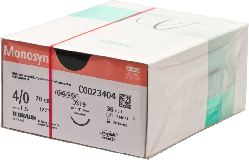Monosyn®  Packung  36 Stück ungefärbt, 70 cm, DS19, 3\8 Kreis, schneidend, 19 mm, USP 4\0