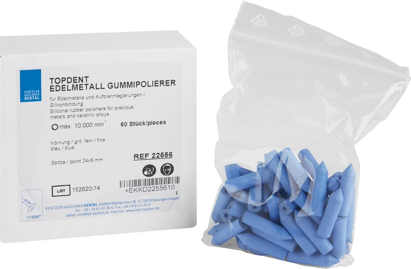 TOPDENT Edelmetall Gummipolierer  Packung  60 Stück blau fein, Spitze 24 x 6 mm