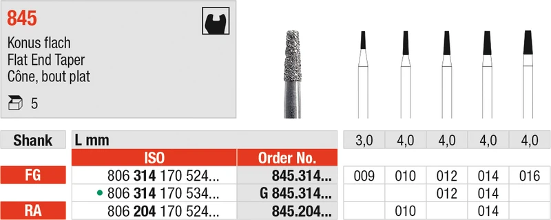 Diamanten 845  Packung  5 Stück Standard, FG, Figur 170 Konus flach, 4 mm, ISO 012