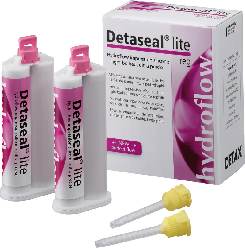 Detaseal® hydroflow lite  Standardpackung  2 x 50 ml Doppelkartusche fast, 12 Mischkanülen gelb